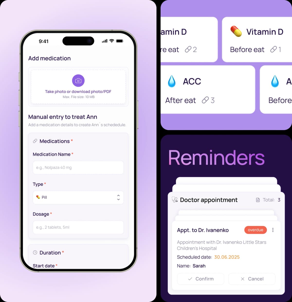 M:Carry app screenshots showing medication reminders and scheduling