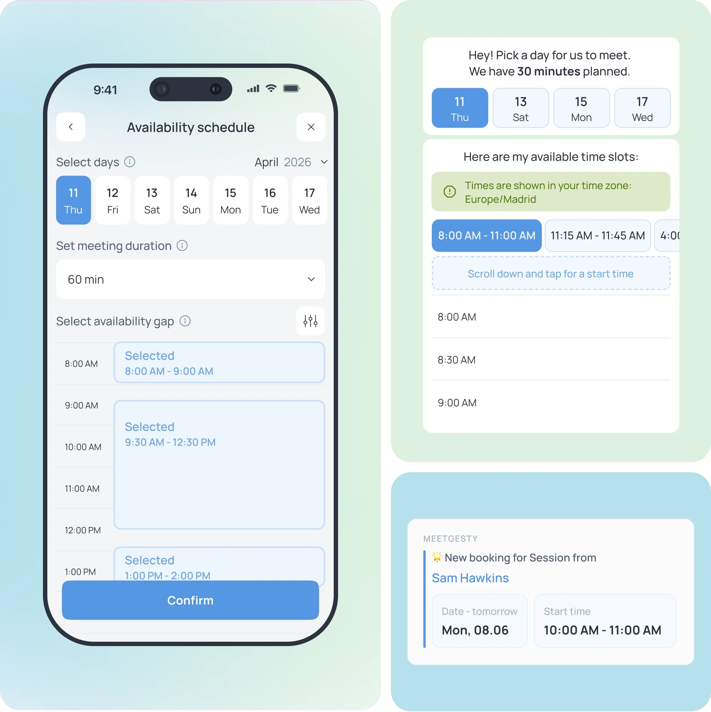 MeetGesty availability schedule, guest booking view and booking notification